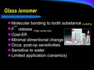 Glass ionomer Molecular bonding to tooth substance F ¯  release Cost-Eff. Minimal dimentional change Occa. post-op sensitivities Sensitive to water Limited application (ceramics) (High caries risk) (3-5MPa) 