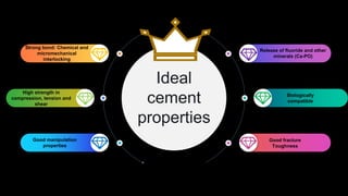 Ideal
cement
properties
Biologically
compatible
Release of fluoride and other
minerals (Ca-PO)
Good manipulation
propertie...