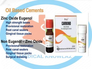 Zinc Oxide Eugenol :
High strength bases
Provisional restoration
Root canal sealers
Gingival tissue packs
Non Eugenol – Zinc Oxide :
Provisional restoration
Root canal sealers
Gingival tissue packs
Surgical dressing
 
