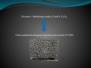 Zirconia + Stabilizing oxides (3 mol% Y2O3)
Yttria-stabilized tetragonal zirconia polycrystals (Y-TZP)
 