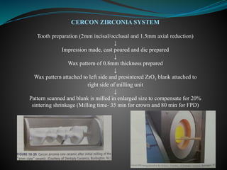 CERCON ZIRCONIA SYSTEM
Tooth preparation (2mm incisal/occlusal and 1.5mm axial reduction)
↓
Impression made, cast poured and die prepared
↓
Wax pattern of 0.8mm thickness prepared
↓
Wax pattern attached to left side and presintered ZrO2 blank attached to
right side of milling unit
↓
Pattern scanned and blank is milled in enlarged size to compensate for 20%
sintering shrinkage (Milling time- 35 min for crown and 80 min for FPD)
 