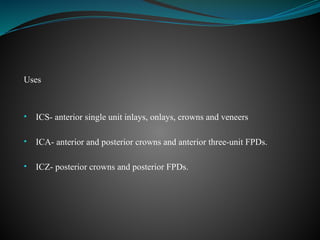 Uses
• ICS- anterior single unit inlays, onlays, crowns and veneers
• ICA- anterior and posterior crowns and anterior three-unit FPDs.
• ICZ- posterior crowns and posterior FPDs.
 