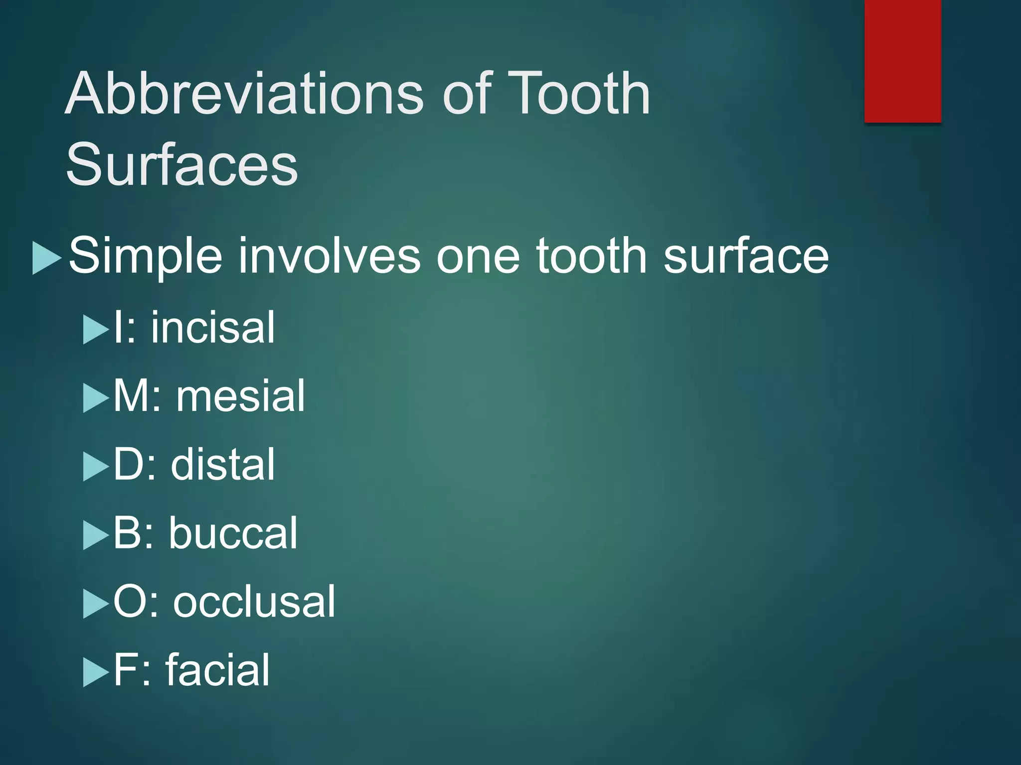 Abbreviations of Tooth
Surfaces
Simple involves one tooth surface
I: incisal
M: mesial
D: distal
B: buccal
O: occlusal
F: facial
 