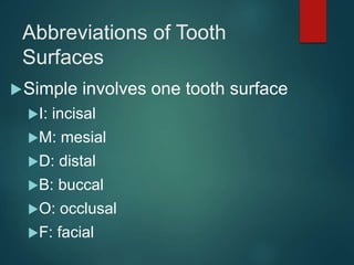 Abbreviations of Tooth
Surfaces
Simple involves one tooth surface
I: incisal
M: mesial
D: distal
B: buccal
O: occlusal
F: facial
 