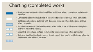 Charting (completed work)
◦ Amalgam restoration (outlined and filled solid blue when complete or red when to
be done)
◦ Composite restoration (outlined in red when to be done or blue when complete)
◦ Gold restoration (area outlined with diagonal lines, red when to be done or blue
when complete)
◦ Porcelain restoration (outlined with red when to be done or blue when complete
and/or P inside the outline)
◦ Sealant (S on occlusal surface, red when to be done or blue when complete)
◦ Stainless steel (outlined with swervy lines through it or two Ss inside it, red when to
be done or blue when complete).
 