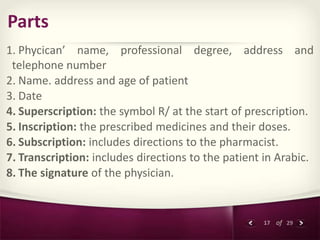 17 of 29
Parts
1. Phycican’ name, professional degree, address and
telephone number
2. Name. address and age of patient
3....