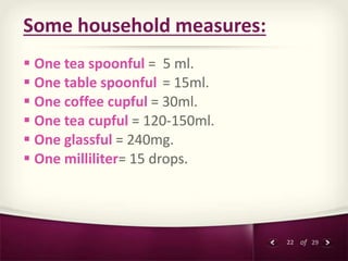 22 of 29
Some household measures:
 One tea spoonful = 5 ml.
 One table spoonful = 15ml.
 One coffee cupful = 30ml.
 On...