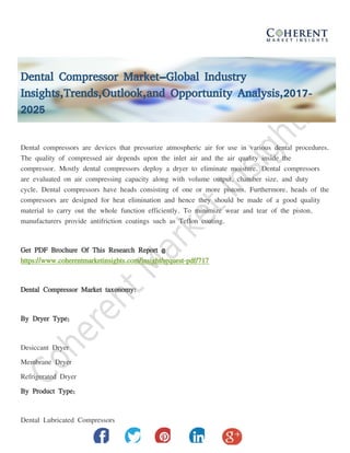Dental Compressor Market–Global Industry
Insights,Trends,Outlook,and Opportunity Analysis,2017-
2025
Dental compressors are devices that pressurize atmospheric air for use in various dental procedures.
The quality of compressed air depends upon the inlet air and the air quality inside the
compressor. Mostly dental compressors deploy a dryer to eliminate moisture. Dental compressors
are evaluated on air compressing capacity along with volume output, chamber size, and duty
cycle. Dental compressors have heads consisting of one or more pistons. Furthermore, heads of the
compressors are designed for heat elimination and hence they should be made of a good quality
material to carry out the whole function efficiently. To minimize wear and tear of the piston,
manufacturers provide antifriction coatings such as Teflon coating.
Get PDF Brochure Of This Research Report @
https://www.coherentmarketinsights.com/insight/request-pdf/717
Dental Compressor Market taxonomy:
By Dryer Type;
Desiccant Dryer
Membrane Dryer
Refrigerated Dryer
By Product Type;
Dental Lubricated Compressors
 
