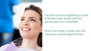 You will receive a temporary crown
to protect your tooth until the
permanent one is available.
Once the crown is ready, you will
have your second appointment.
 