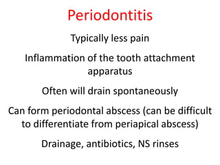 Periodontitis 
Typically less pain 
Inflammation of the tooth attachment 
apparatus 
Often will drain spontaneously 
Can form periodontal abscess (can be difficult 
to differentiate from periapical abscess) 
Drainage, antibiotics, NS rinses 
 