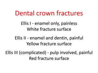 Dental crown fractures 
Ellis I - enamel only, painless 
White fracture surface 
Ellis II - enamel and dentin, painful 
Yellow fracture surface 
Ellis III (complicated) - pulp involved, painful 
Red fracture surface 
 