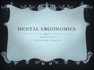 DENTAL ERGONOMICS
Mr.HILBERT KAMO
B.Tech Dental Therapy; CD.Ergo(VAI)
 