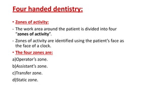 Four handed dentistry:
• Zones of activity:
- The work area around the patient is divided into four
“zones of activity”.
- Zones of activity are identified using the patient’s face as
the face of a clock.
• The four zones are:
a)Operator’s zone.
b)Assistant’s zone.
c)Transfer zone.
d)Static zone.
 