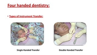 Four handed dentistry:
• Types of Instrument Transfer:
Single Handed Transfer Double Handed Transfer
 