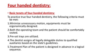 Four handed dentistry:
• Types of Instrument Transfer:
Single Handed Transfer Double Handed Transfer
 