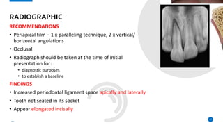 RECOMMENDATIONS
• Periapical film – 1 x paralleling technique, 2 x vertical/
horizontal angulations
• Occlusal
• Radiograph should be taken at the time of initial
presentation for:
• diagnostic purposes
• to establish a baseline
FINDINGS
• Increased periodontal ligament space apically and laterally
• Tooth not seated in its socket
• Appear elongated incisally
17
RADIOGRAPHIC
 