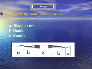 Most hand instruments composed of three parts  : Design a- Blade or nib b-Shank c-Handle 