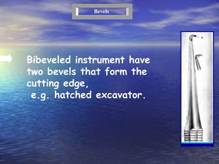 Bibeveled instrument have two bevels that form the cutting edge, e.g. hatched excavator. Bevels 