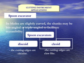 CUTTING INSTRUMENT APPLICATIONS Spoon excavator  Its blades are slightly curved, the shanks may be bin-angled or triple-angled to facilitate accessibility . - the cutting edges are circular. -the cutting edges are claw like. Spoon excavators  discoid   cleoid   