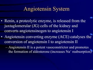 Angiotensin System
• Renin, a proteolytic enzyme, is released from the
juxtaglomerular (JG) cells of the kidney and
converts angiotensinogen to angiotensin I
• Angiotensin converting enzyme (ACE) catalyses the
conversion of angiotensin I to angiotensin II
– Angiotensin II is a potent vasoconstrictor and promotes
the formation of aldosterone (increases Na+ reabsorption)
 