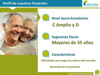 Perfil de nuestros Pacientes


                                 Nivel Socio-Económico
                                 C Amplio y D

                                 Segmento Etario
                                 Mayores de 35 años

                                 Características
                        Dificultades para pagar los valores del mercado

                               Necesidad de Financiación

                                               www.dentaliaonline.com
 