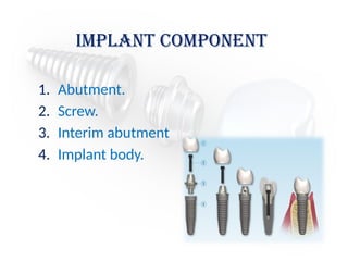 Implant component
1. Abutment.
2. Screw.
3. Interim abutment
4. Implant body.
 