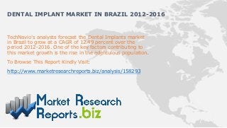 DENTAL IMPLANT MARKET IN BRAZIL 2012-2016


TechNavio's analysts forecast the Dental Implants market
in Brazil to grow at a CAGR of 12.49 percent over the
period 2012-2016. One of the key factors contributing to
this market growth is the rise in the edentulous population.
To Browse This Report Kindly Visit:

http://www.marketresearchreports.biz/analysis/158293
 