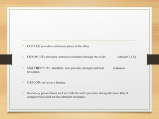 • COBALT: provides continuous phase of the alloy
• CHROMIUM: provides corrosion resistance through the oxide surface(Cr2
O3
).
• MOLYBDENUM : stabilizer; also provides strength and bulk corrosion
resistance.
• CARBON: serves as a hardner
• Secondary phases based on Co,Cr,Mo,Ni and C provides strength(4 times that of
compact bone) and surface abrasion resistance.
 