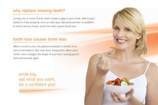why replace missing teeth?
Losing one or more of your teeth creates a gap in your smile, affects your
ability to chew properly, and can alter your diet and nutrition. In addition
to these serious issues, tooth loss also causes bone loss.
tooth loss causes bone loss
When a tooth is lost, the jawbone beneath it shrinks from
lack of stimulation. Not only does losing teeth affect your
smile, it also changes the shape of your face causing you to
look prematurely aged.
smile big,
eat what you want,
be a confident you!
 