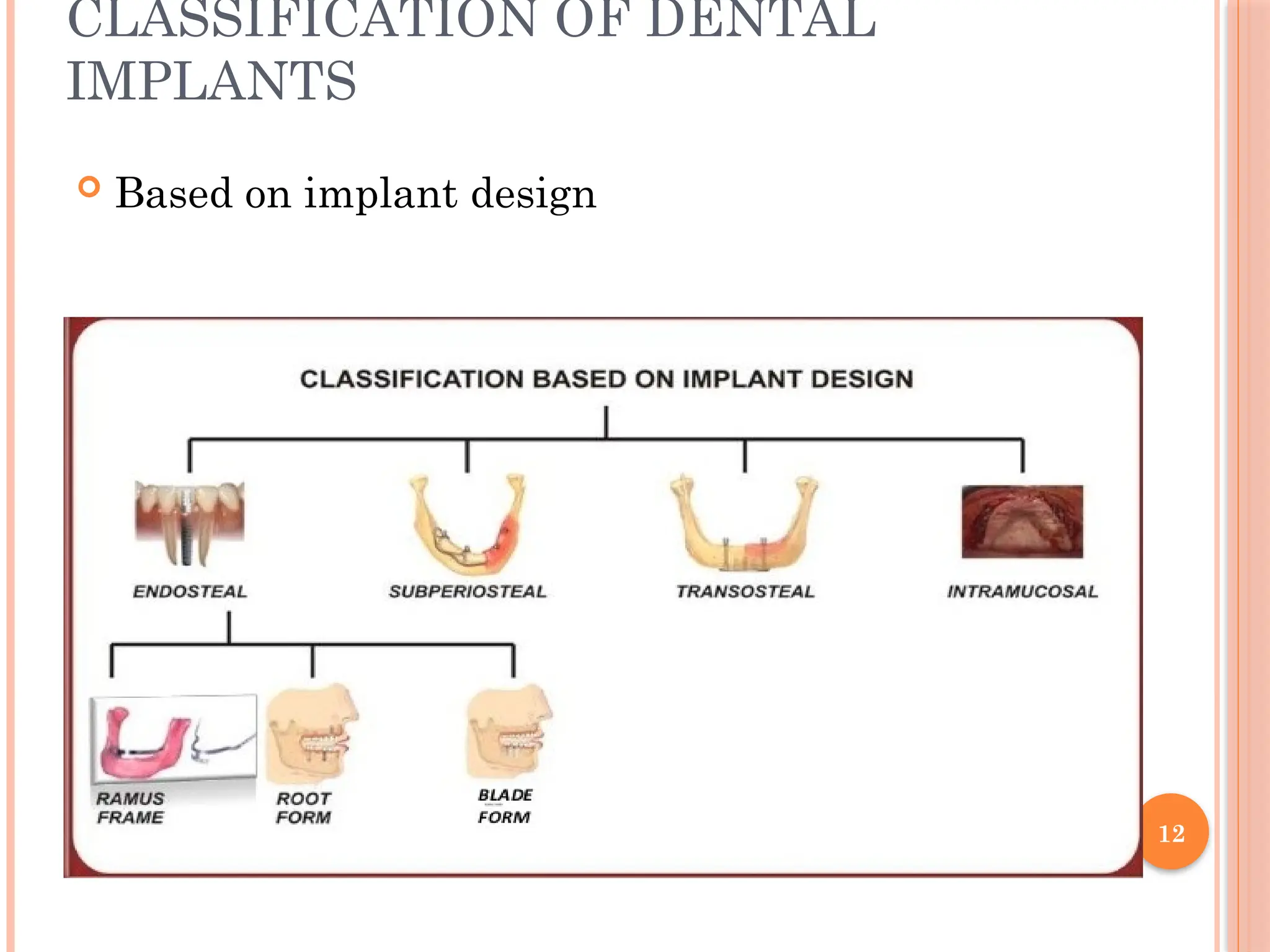 12
CLASSIFICATION OF DENTAL
IMPLANTS
 Based on implant design
 