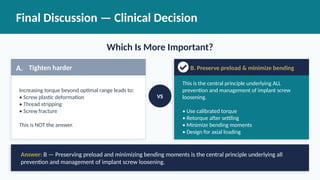 Final Discussion — Clinical Decision
Which Is More Important?
A. Tighten harder
Increasing torque beyond optimal range leads to:
• Screw plastic deformation
• Thread stripping
• Screw fracture
This is NOT the answer.
VS
B. Preserve preload & minimize bending
This is the central principle underlying ALL
prevention and management of implant screw
loosening.
• Use calibrated torque
• Retorque after settling
• Minimize bending moments
• Design for axial loading
Answer: B — Preserving preload and minimizing bending moments is the central principle underlying all
prevention and management of implant screw loosening.
 