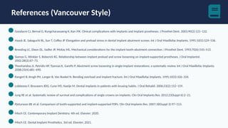 References (Vancouver Style)
Goodacre CJ, Bernal G, Rungcharassaeng K, Kan JYK. Clinical complications with implants and implant prostheses. J Prosthet Dent. 2003;90(2):121–132.
Haack JE, Sakaguchi RL, Sun T, Coffey JP. Elongation and preload stress in dental implant abutment screws. Int J Oral Maxillofac Implants. 1995;10(5):529–536.
Breeding LC, Dixon DL, Sadler JP, McKay ML. Mechanical considerations for the implant tooth-abutment connection. J Prosthet Dent. 1993;70(6):510–513.
Siamos G, Winkler S, Boberick KG. Relationship between implant preload and screw loosening on implant-supported prostheses. J Oral Implantol.
2002;28(2):67–73.
Theoharidou A, Petridis HP, Tzannas K, Garefis P. Abutment screw loosening in single-implant restorations: a systematic review. Int J Oral Maxillofac Implants.
2008;23(4):681–690.
Rangert B, Krogh PH, Langer B, Van Roekel N. Bending overload and implant fracture. Int J Oral Maxillofac Implants. 1995;10(3):326–334.
Lobbezoo F, Brouwers JEIG, Cune MS, Naeije M. Dental implants in patients with bruxing habits. J Oral Rehabil. 2006;33(2):152–159.
Jung RE et al. Systematic review of survival and complications of single crowns on implants. Clin Oral Implants Res. 2012;23(Suppl 6):2–21.
Pjetursson BE et al. Comparison of tooth-supported and implant-supported FDPs. Clin Oral Implants Res. 2007;18(Suppl 3):97–113.
Misch CE. Contemporary Implant Dentistry. 4th ed. Elsevier; 2020.
Misch CE. Dental Implant Prosthetics. 3rd ed. Elsevier; 2021.
 