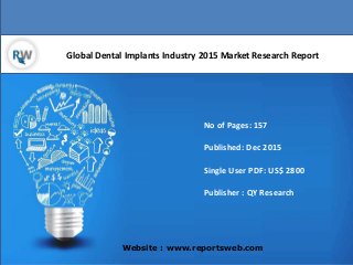 Global Dental Implants Industry 2015 Market Research Report
Website : www.reportsweb.com
No of Pages: 157
Published: Dec 2015
Single User PDF: US$ 2800
Publisher : QY Research
 