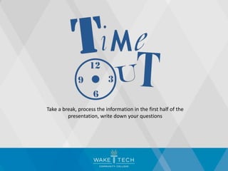 Take a break, process the information in the first half of the
presentation, write down your questions
 