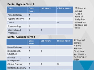 Class
Hours
Lab Hours Clinical Hours
Dental Sciences 2
Dental Health
Education
2 2
Practice
Management
2
Clinical Practice 2 3 12
Dental Radiography 2
Dental Hygiene Term 2
Class Class
Hours
Lab Hours Clinical Hours
Periodontology 2
Hygiene Theory I 2
Clinic I 9
Pharmacology 2
Materials and
Procedures
1 3
20 Hours at
campus
+ 2 to 3
Hours of
Study time
per course =
35 Hours per
week
Dental Assisting Term 2
27 Hours at
campus
+ 2 to 3
Hours of
Study time
per course =
42 Hours per
week
 