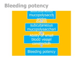 Bleeding potency
         subcutaneous
         mucopolysacch
              arides
              excess
         subcutaneous
        mucopolysacchari
                des
         Ability of small
          blodd vessel
          constriction

        Bleeding potency
 