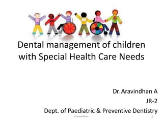 Dental management of children
with Special Health Care Needs
Dr. Aravindhan A
JR-2
Dept. of Paediatric & Preventive Dentistry
1
dr.aravindhan
 