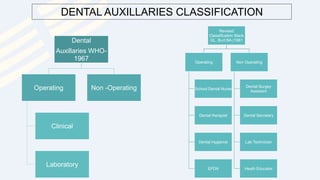 DENTAL AUXILLARIES CLASSIFICATION
Dental
Auxillaries WHO-
1967
Operating
Clinical
Laboratory
Non -Operating
Revised
Classification Slack
GL, Burt BA (1981
Operating
School Dental Nurse
Dental therapist
Dental Hygienist
EFDA
Non Operating
Dental Surgey
Assistant
Dental Secretary
Lab Technician
Heath Educator
 