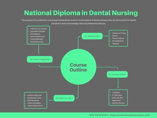 National Diploma in Dental Nursing
The purpose of the qualification is to prepare trainee dental nurses in the foundations of dental nursing so they can demonstrate the highest
standards in terms of knowledge, skills and professional attributes.
01. Requirement
Passport or Driving
licence
Proof of Address
No Qualification
Required
Course
Outline
12 Months
£ (1500+500),
£500 is for ROE
Registration
Monthly Payment
02. Duration & Fees
03. What You Get ?
Excellent Resources
Experienced Tutors
Paid Placements
Career Counseling
Jobs in Dental Clinics
04. Career Progression
Treatment Co-ordinator
Oral Health Educator
NVQ Assessor
Senior Dental Nurse
Practice Manager
Specialist Nursing
020 7018 0221 | www.forwardacademicteam.com
 