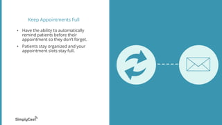 Keep Appointments Full
• Have the ability to automatically
remind patients before their
appointment so they don’t forget.
• Patients stay organized and your
appointment slots stay full.
 