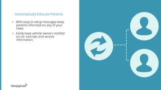 Automatically Educate Patients
• With easy to setup messages keep
patients informed on any of your
news.
• Easily keep vehicle owners notified
on car care tips and service
information.
 