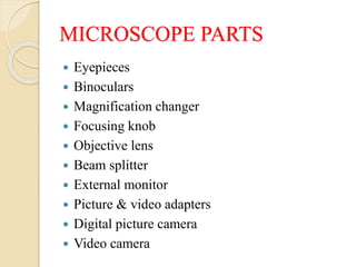 MICROSCOPE PARTS
 Eyepieces
 Binoculars
 Magnification changer
 Focusing knob
 Objective lens
 Beam splitter
 External monitor
 Picture & video adapters
 Digital picture camera
 Video camera
 