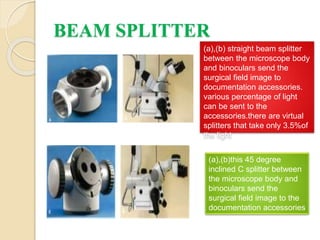 BEAM SPLITTER
(a),(b) straight beam splitter
between the microscope body
and binoculars send the
surgical field image to
documentation accessories.
various percentage of light
can be sent to the
accessories.there are virtual
splitters that take only 3.5%of
the light
(a),(b)this 45 degree
inclined C splitter between
the microscope body and
binoculars send the
surgical field image to the
documentation accessories
 