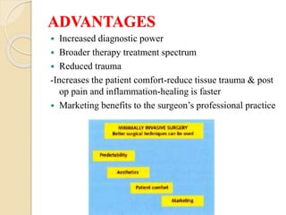 ADVANTAGES
 Increased diagnostic power
 Broader therapy treatment spectrum
 Reduced trauma
-Increases the patient comfort-reduce tissue trauma & post
op pain and inflammation-healing is faster
 Marketing benefits to the surgeon’s professional practice
 