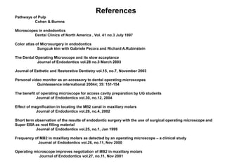 References
Pathways of Pulp
Cohen & Burnns
Microscopes in endodontics
Dental Clinics of North America , Vol. 41 no.3 July 1997
Color atlas of Microsurgery in endodontics
Sungcuk kim with Gabriele Pecora and Richard A.Rubinstein
The Dental Operating Microscope and its slow acceptance
Journal of Endodontics vol.28 no.3 March 2003
Journal of Esthetic and Restorative Dentistry vol.15, no.7, November 2003
Personal video monitor as an accessory to dental operating microscopes
Quintessence international 20044; 35: 151-154
The benefit of operating microscope for access cavity preparation by UG students
Journal of Endodontics vol.30, no.12, 2004
Effect of magnification in locating the MB2 canal in maxillary molars
Journal of Endodontics vol.28, no.4, 2002
Short term observation of the results of endodontic surgery with the use of surgical operating microscope and
Super EBA as root filling material
Journal of Endodontics vol.25, no.1, Jan 1999
Frequency of MB2 in maxillary molars as detected by an operating microscope – a clinical study
Journal of Endodontics vol.26, no.11, Nov 2000
Operating microscope improves negotiation of MB2 in maxillary molars
Journal of Endodontics vol.27, no.11, Nov 2001
 