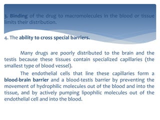 3. Binding of the drug to macromolecules in the blood or tissue
limits their distribution.
4. The ability to cross special barriers.
Many drugs are poorly distributed to the brain and the
testis because these tissues contain specialized capillaries (the
smallest type of blood vessel).
The endothelial cells that line these capillaries form a
blood-brain barrier and a blood-testis barrier by preventing the
movement of hydrophilic molecules out of the blood and into the
tissue, and by actively pumping lipophilic molecules out of the
endothelial cell and into the blood.
 
