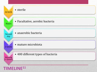 TIMELINE11
At birth
• sterile
Hours
• Facultative, aerobic bacteria
Second
day
• anaerobic bacteria
2 weeks
• mature microbiota
Weaning
(> 2years)
• 400 different types of bacteria
 