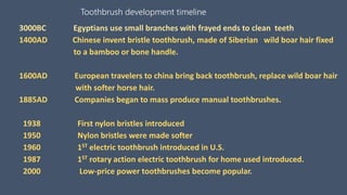 Toothbrush development timeline
3000BC Egyptians use small branches with frayed ends to clean teeth
1400AD Chinese invent bristle toothbrush, made of Siberian wild boar hair fixed
to a bamboo or bone handle.
1600AD European travelers to china bring back toothbrush, replace wild boar hair
with softer horse hair.
1885AD Companies began to mass produce manual toothbrushes.
1938 First nylon bristles introduced
1950 Nylon bristles were made softer
1960 1ST electric toothbrush introduced in U.S.
1987 1ST rotary action electric toothbrush for home used introduced.
2000 Low-price power toothbrushes become popular.
 