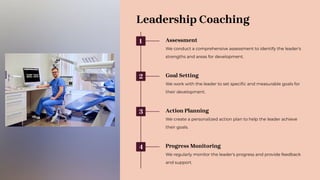 Leadership Coaching
1 Assessment
We conduct a comprehensive assessment to identify the leader's
strengths and areas for development.
2 Goal Setting
We work with the leader to set speciﬁc and measurable goals for
their development.
3 Action Planning
We create a personalized action plan to help the leader achieve
their goals.
4 Progress Monitoring
We regularly monitor the leader's progress and provide feedback
and support.
 