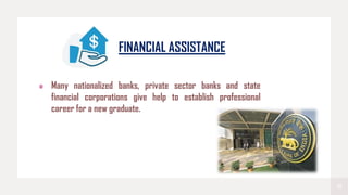 11
FINANCIAL ASSISTANCE
Many nationalized banks, private sector banks and state
financial corporations give help to establish professional
career for a new graduate.
 